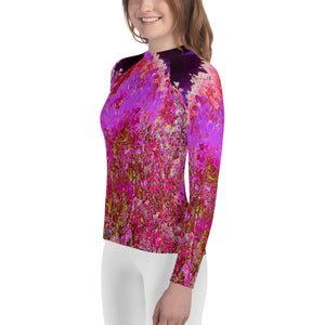 Youth Rash Guard Shirts, Colorful Abstract Foliage Garden with Purple Sunset