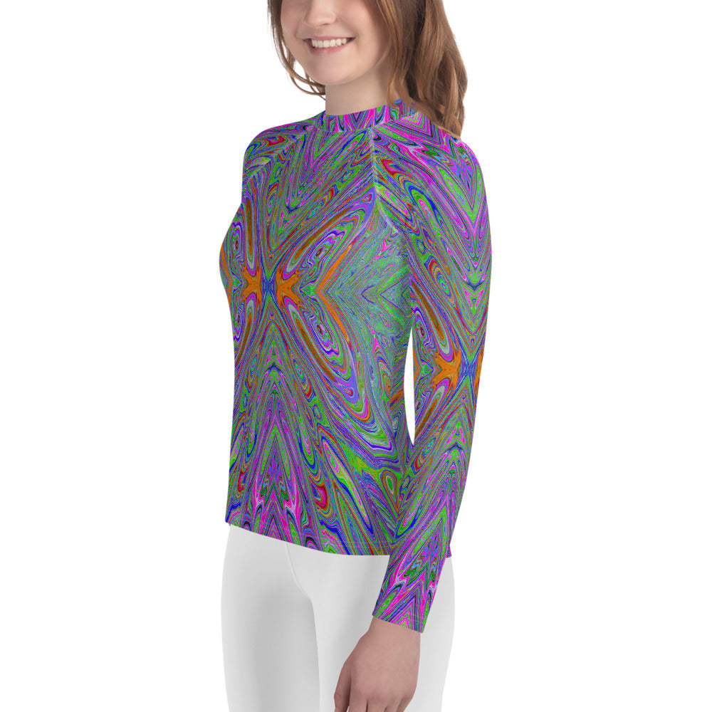 Youth Rash Guard Shirts, Abstract Trippy Purple, Orange and Lime Green Butterfly