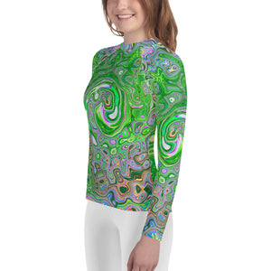Youth Rash Guard Shirts, Trippy Lime Green and Pink Abstract Retro Swirl