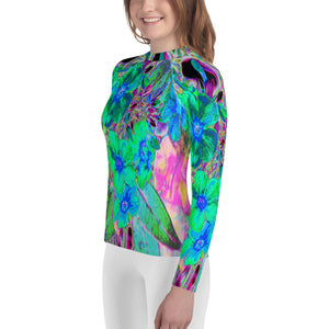 Youth Rash Guard Shirts, Psychedelic Trippy Lime Green and Blue Flowers