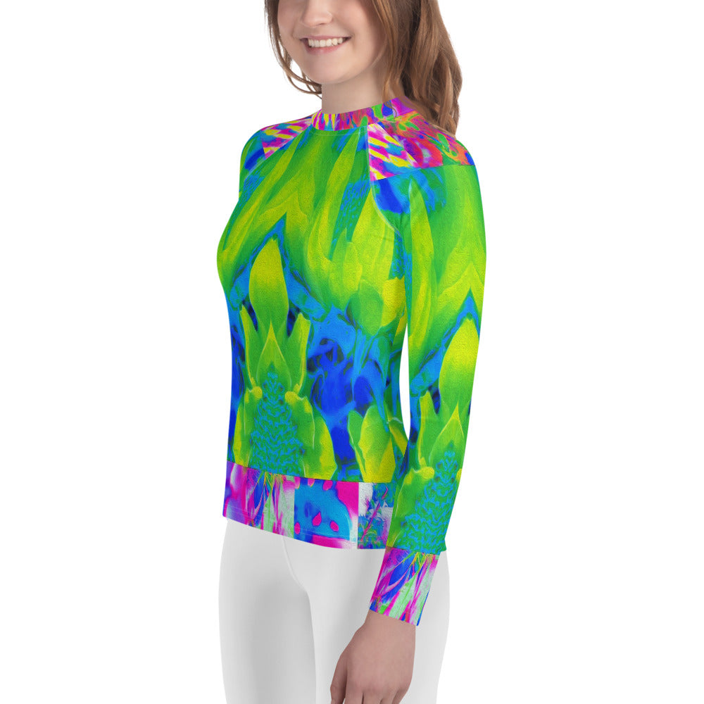 Youth Rash Guard Shirts for Girls, Abstract Patchwork Sunflower Garden Collage