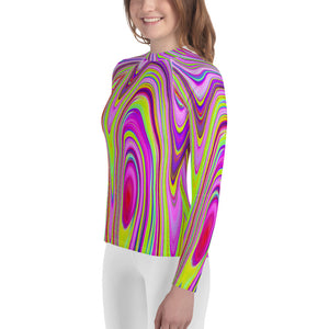 Youth Rash Guard Shirts for Girls, Trippy Yellow and Pink Abstract Groovy Retro Art