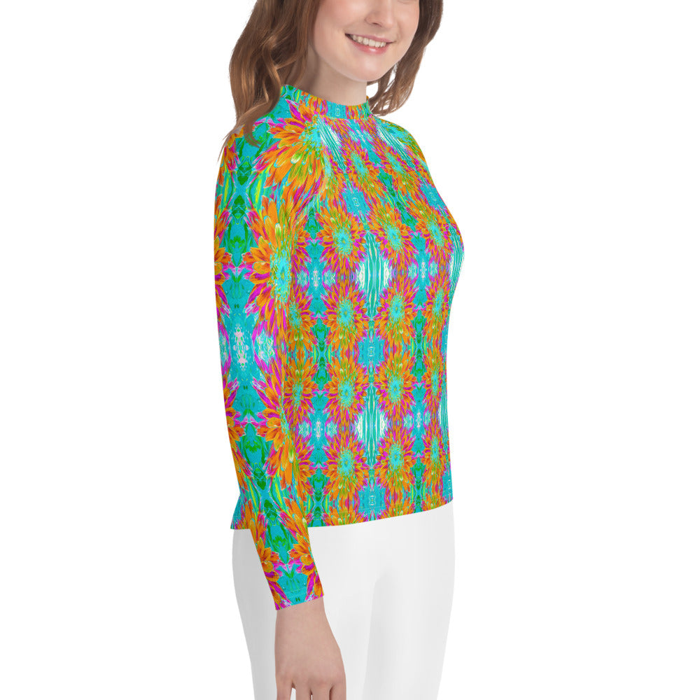 Youth Rash Guard Shirts, Abstract Retro Dahlia Pattern in Orange and Teal Blue