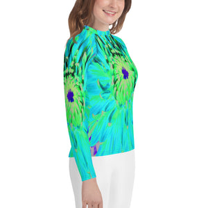 Youth Rash Guard Shirts for Girls, Unique Abstract Turquoise Green Dahlia Flower