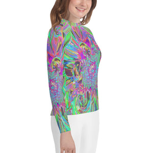 Youth Rash Guard Shirts for Girls, Festive Colorful Psychedelic Dahlia Flower Petals