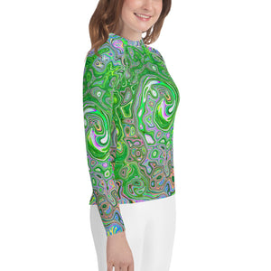 Youth Rash Guard Shirts, Trippy Lime Green and Pink Abstract Retro Swirl