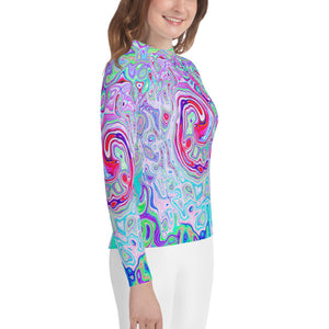 Youth Rash Guard Shirts for Girls, Groovy Abstract Retro Pink and Green Swirl