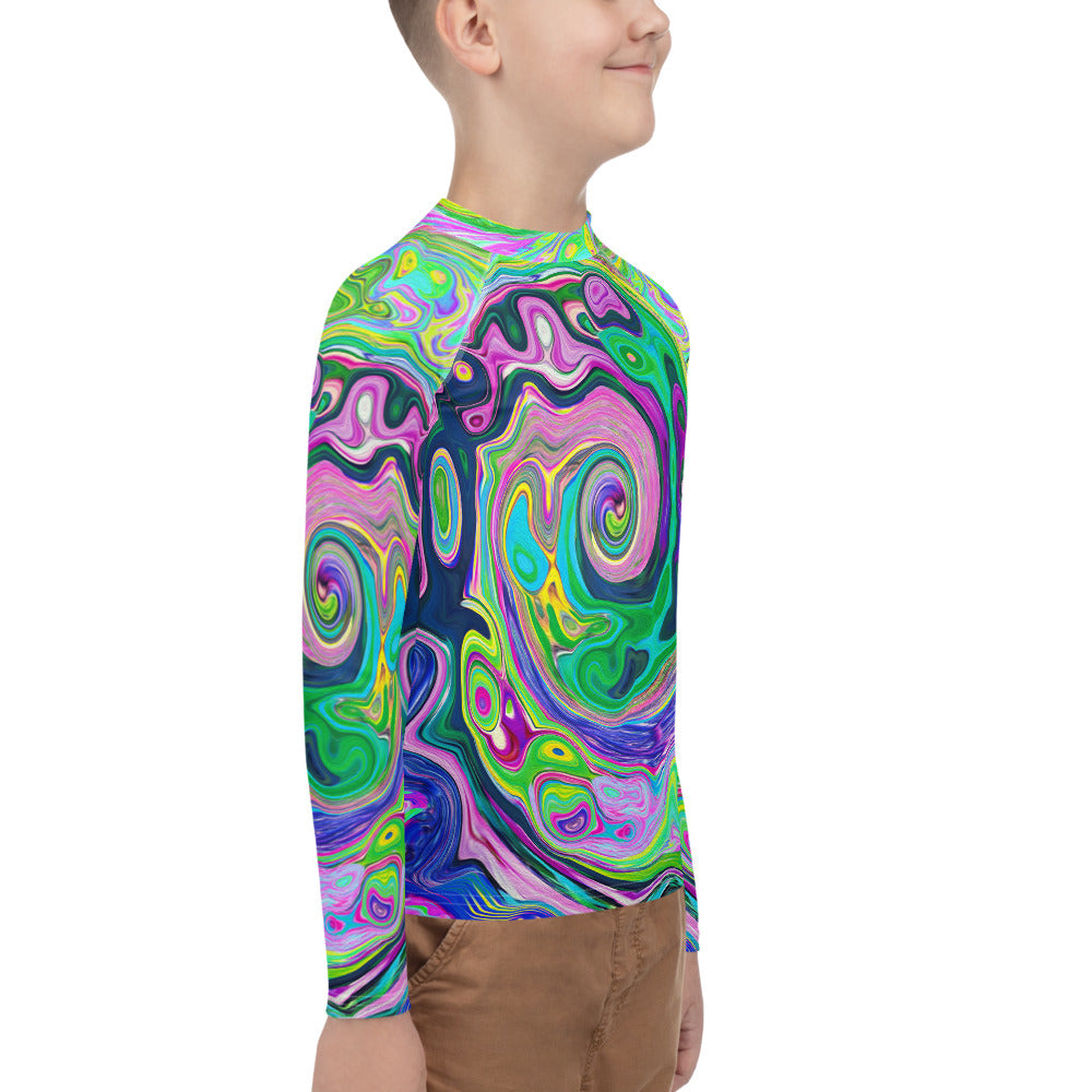 Youth Rash Guard Shirts for Boys, Groovy Abstract Aqua and Navy Lava Swirl