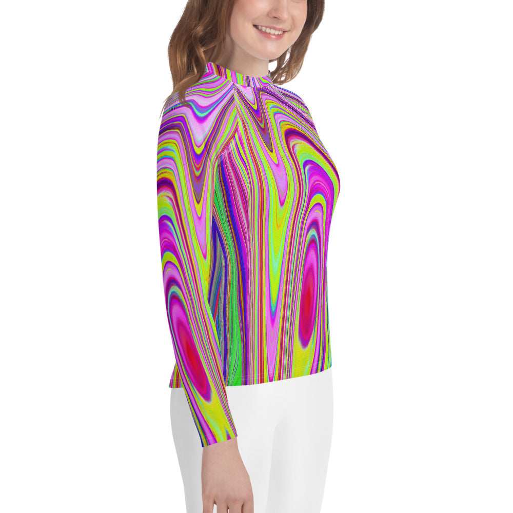 Youth Rash Guard Shirts for Girls, Trippy Yellow and Pink Abstract Groovy Retro Art