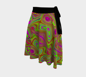 Wrap Skirts, Trippy Retro Chartreuse Magenta Abstract Pattern