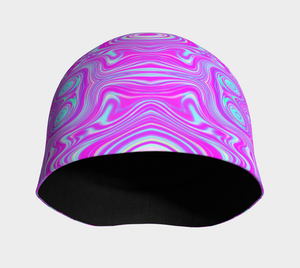 Beanie Hats, Trippy Hot Pink and Aqua Blue Abstract Pattern