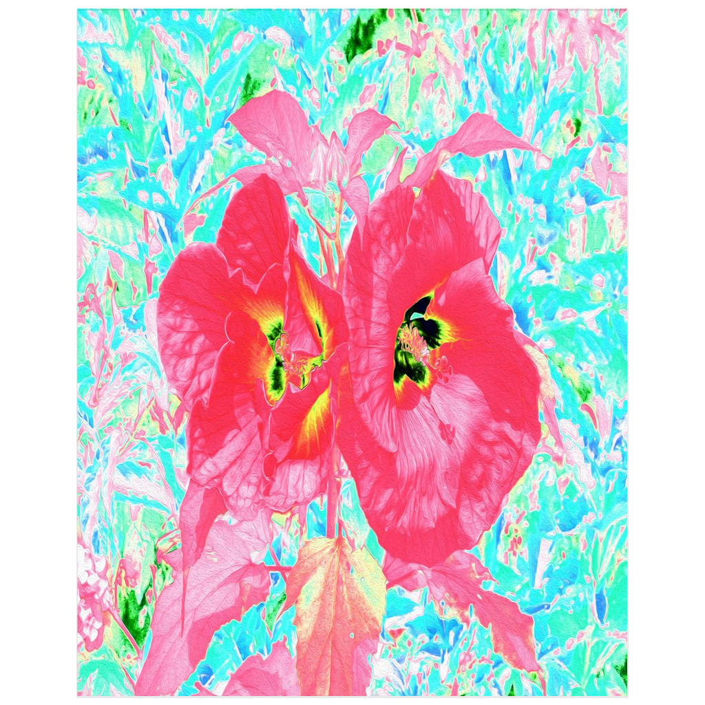 Posters for Girls Room, Two Rosy Red Coral Plum Crazy Hibiscus on Aqua - Vertical
