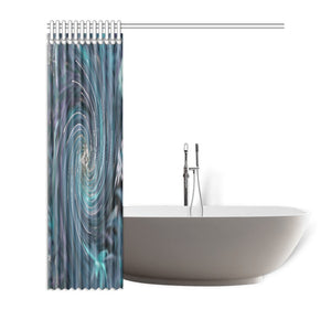 Shower Curtains, Cool Abstract Retro Black and Teal Cosmic Swirl - 72 x 72