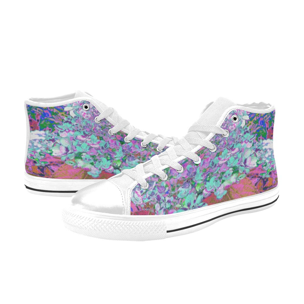 High Top Sneakers for Women, Elegant Aqua and Purple Limelight Hydrangea Detail - White