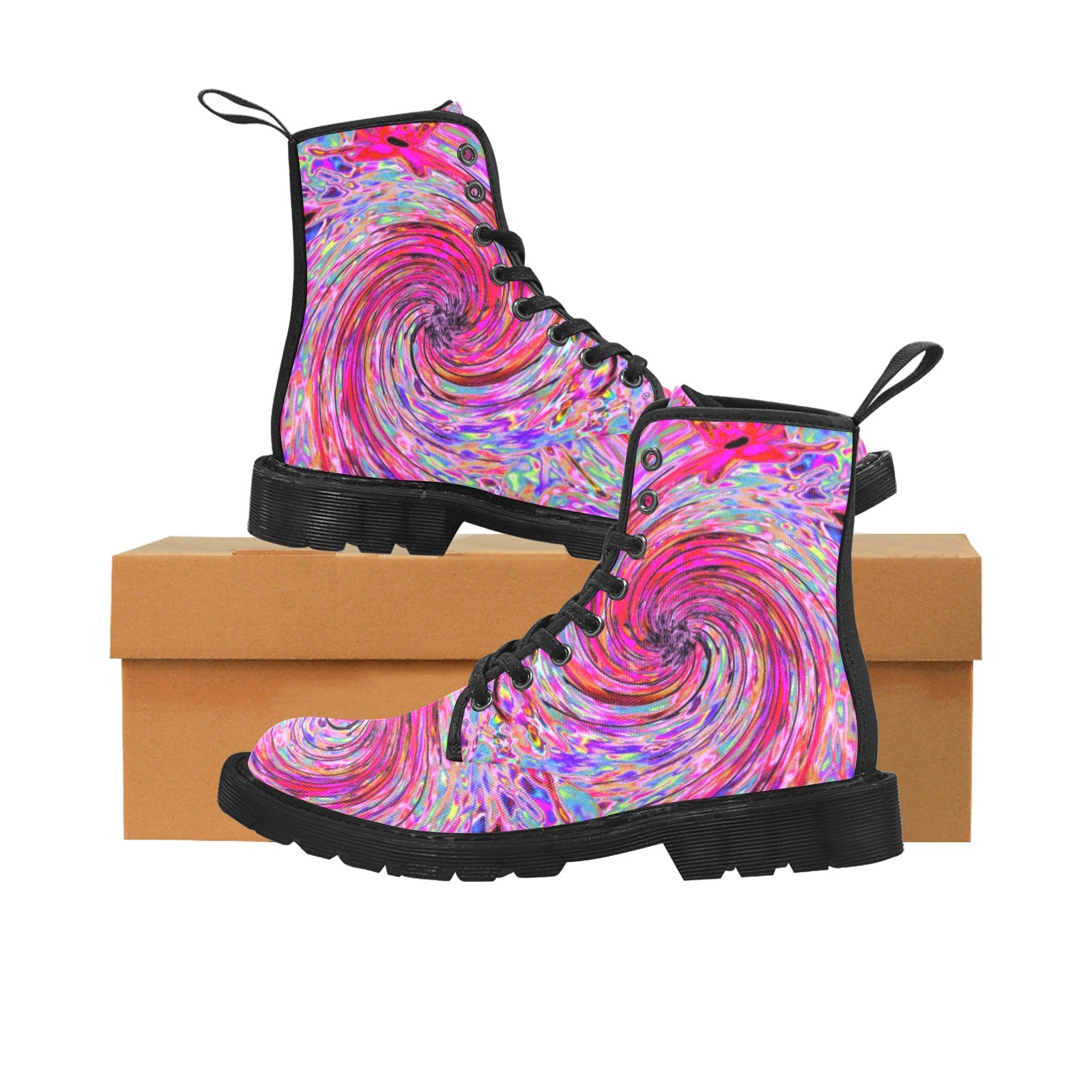Boots For Women, Cool Abstract Retro Hot Pink and Red Floral Swirl - Black