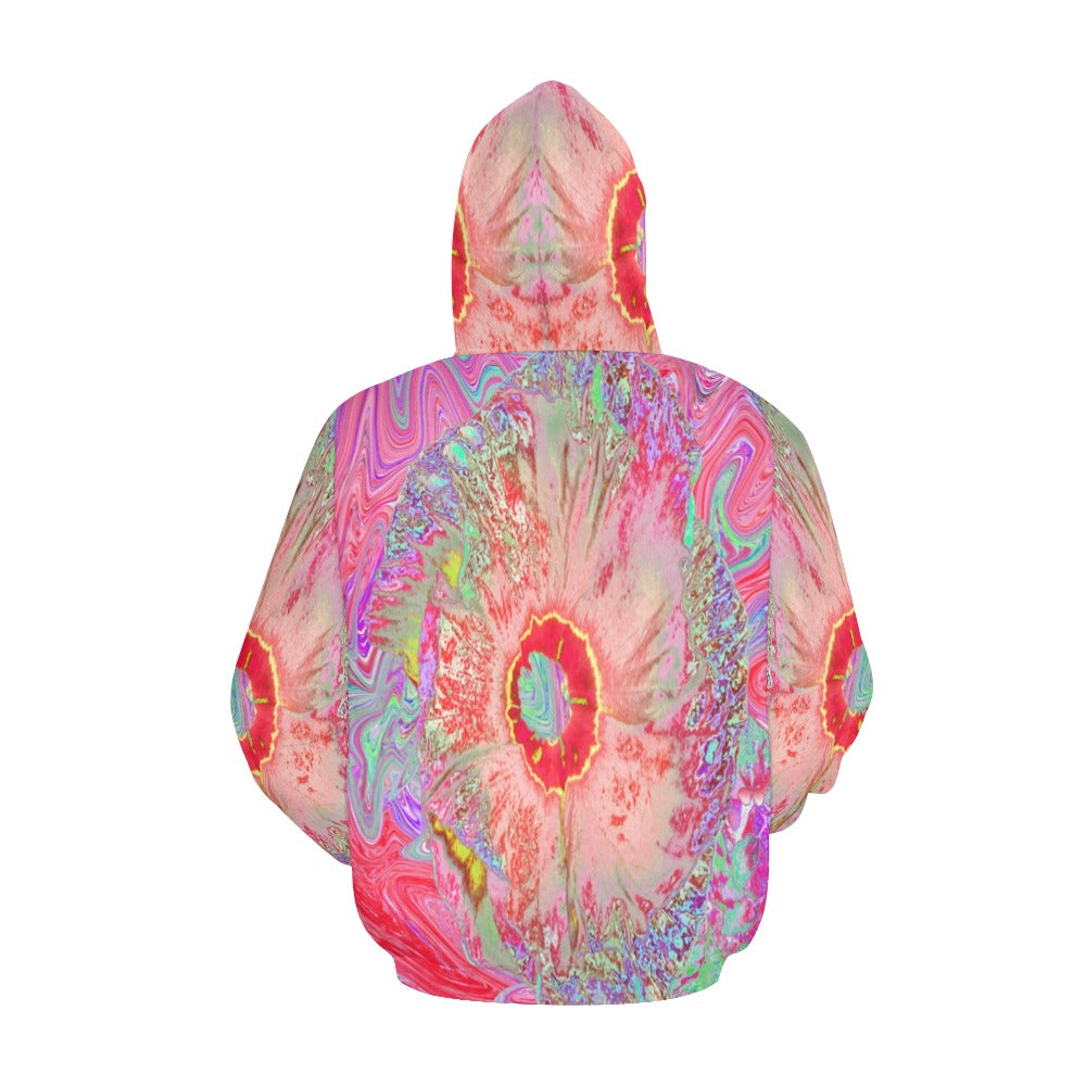 Hoodies for Women, Psychedelic Retro Coral Rainbow Hibiscus
