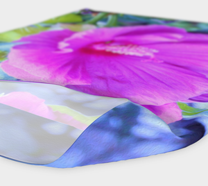 Wide Fabric Headband, Elegant Pink Hibiscus with Wavy Blue Foliage, Face Covering