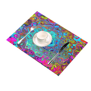 Cloth Placemats Set, Trippy Sky Blue Abstract Retro Liquid Swirl