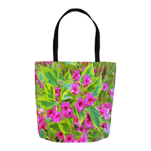 Tote Bags, Beautiful Green Weigela with Crimson Flowers
