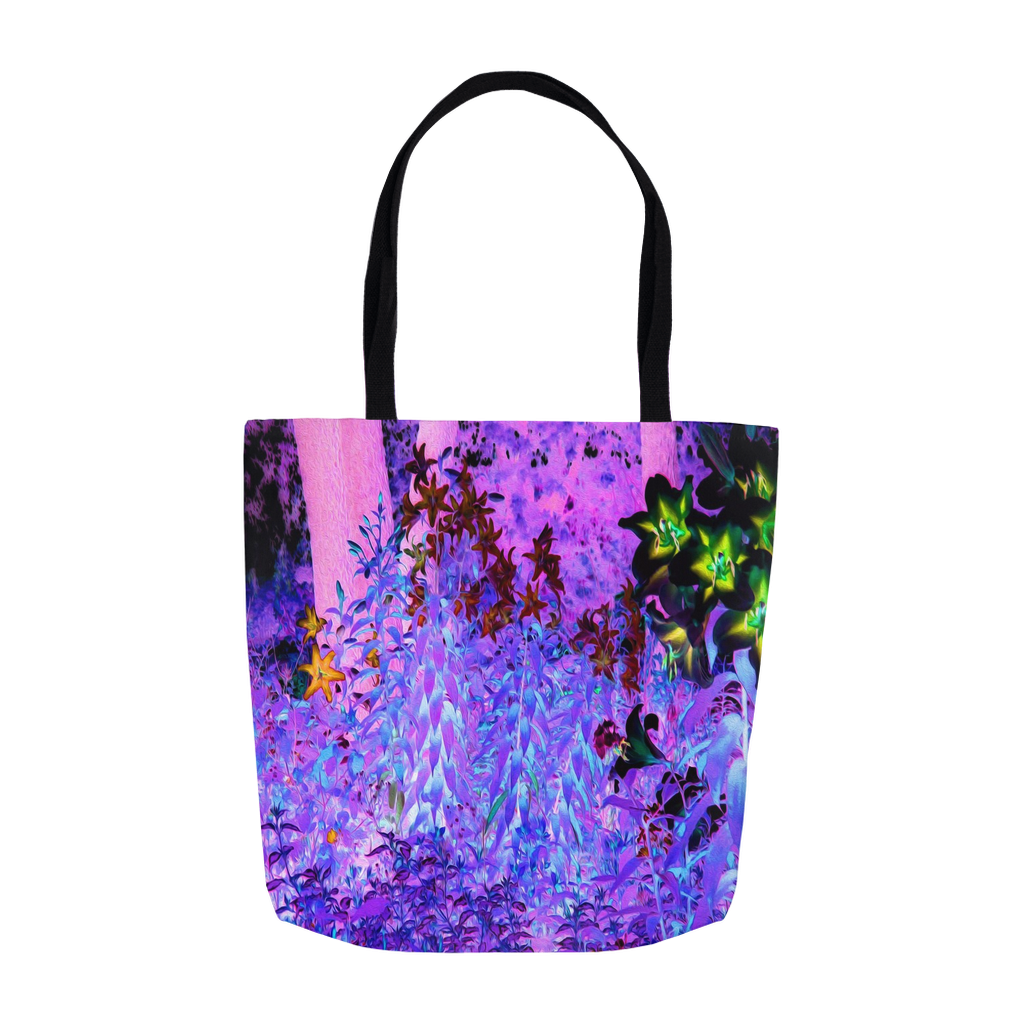 Tote Bags, Spooky Black and Crimson Lily Garden Landscape