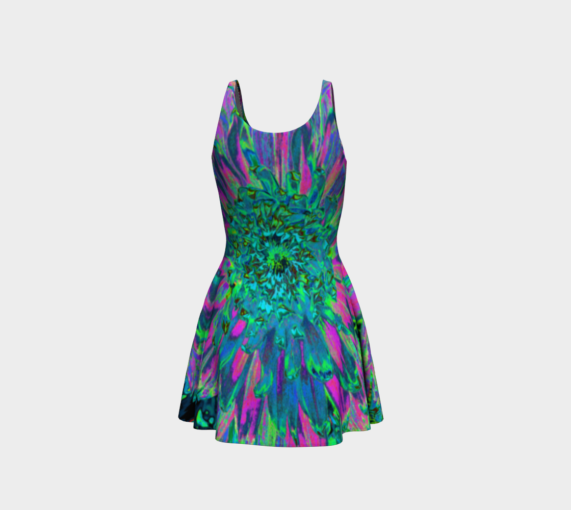 Fit and Flare Dresses, Psychedelic Magenta, Aqua and Lime Green Dahlia