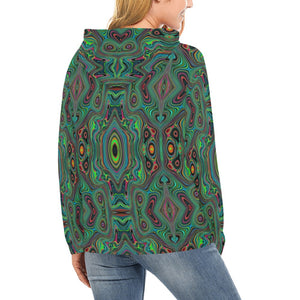 Hoodies for Women, Trippy Retro Black and Lime Green Abstract Pattern