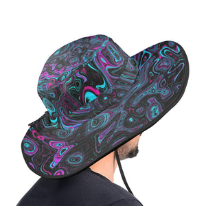 Wide Brim Sun Hat - Retro Aqua Magenta and Black Abstract Swirl