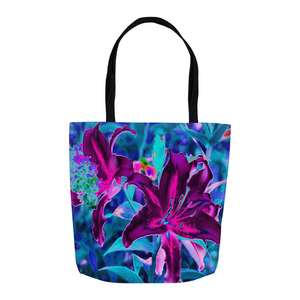 Tote Bags, Purple and Hot Pink Abstract Oriental Lily Flowers