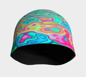 Beanie Hat, Groovy Abstract Retro Rainbow Liquid Swirl Beanies for Women