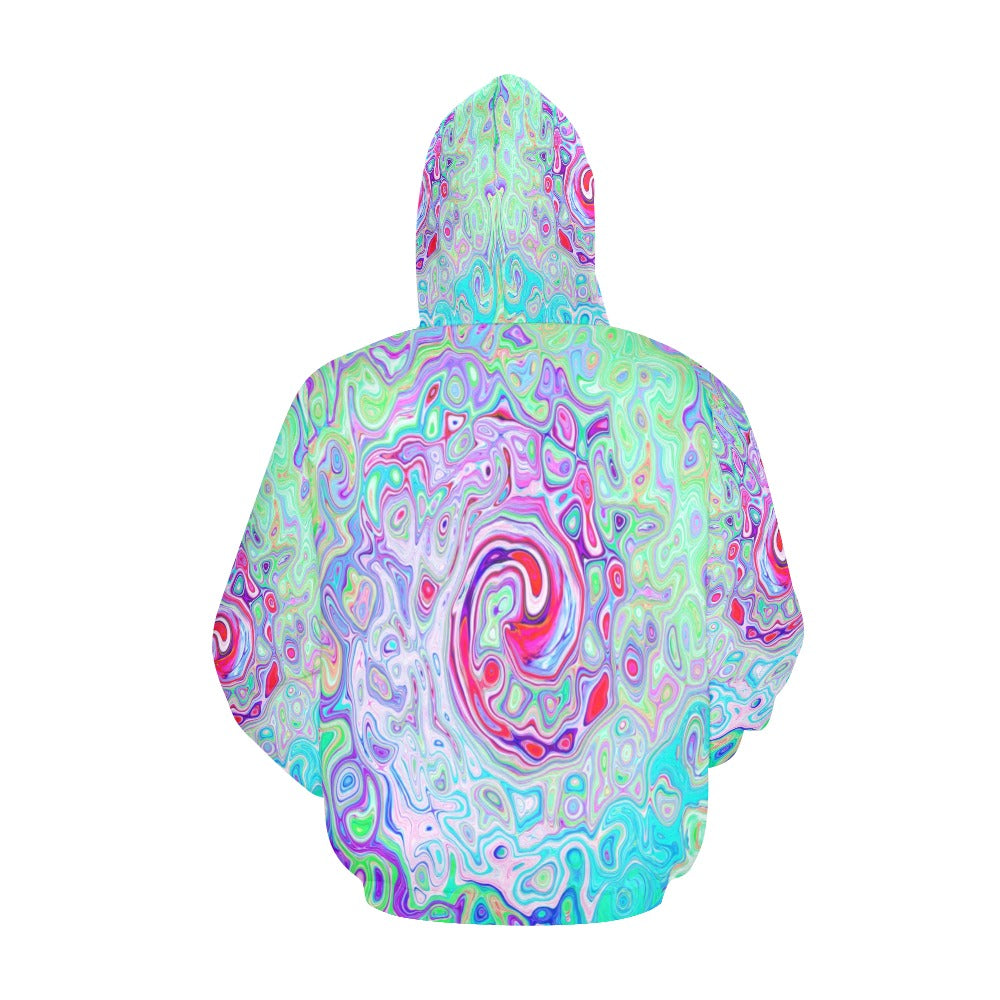 Hoodies for Men, Groovy Abstract Retro Pink and Green Swirl