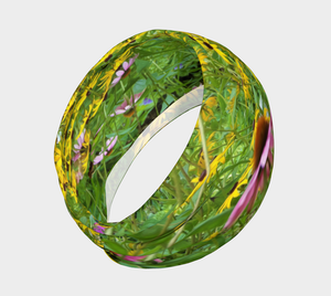 Wide Fabric Headband, Yellow and Purple Flowers in the Garden, Face Covering