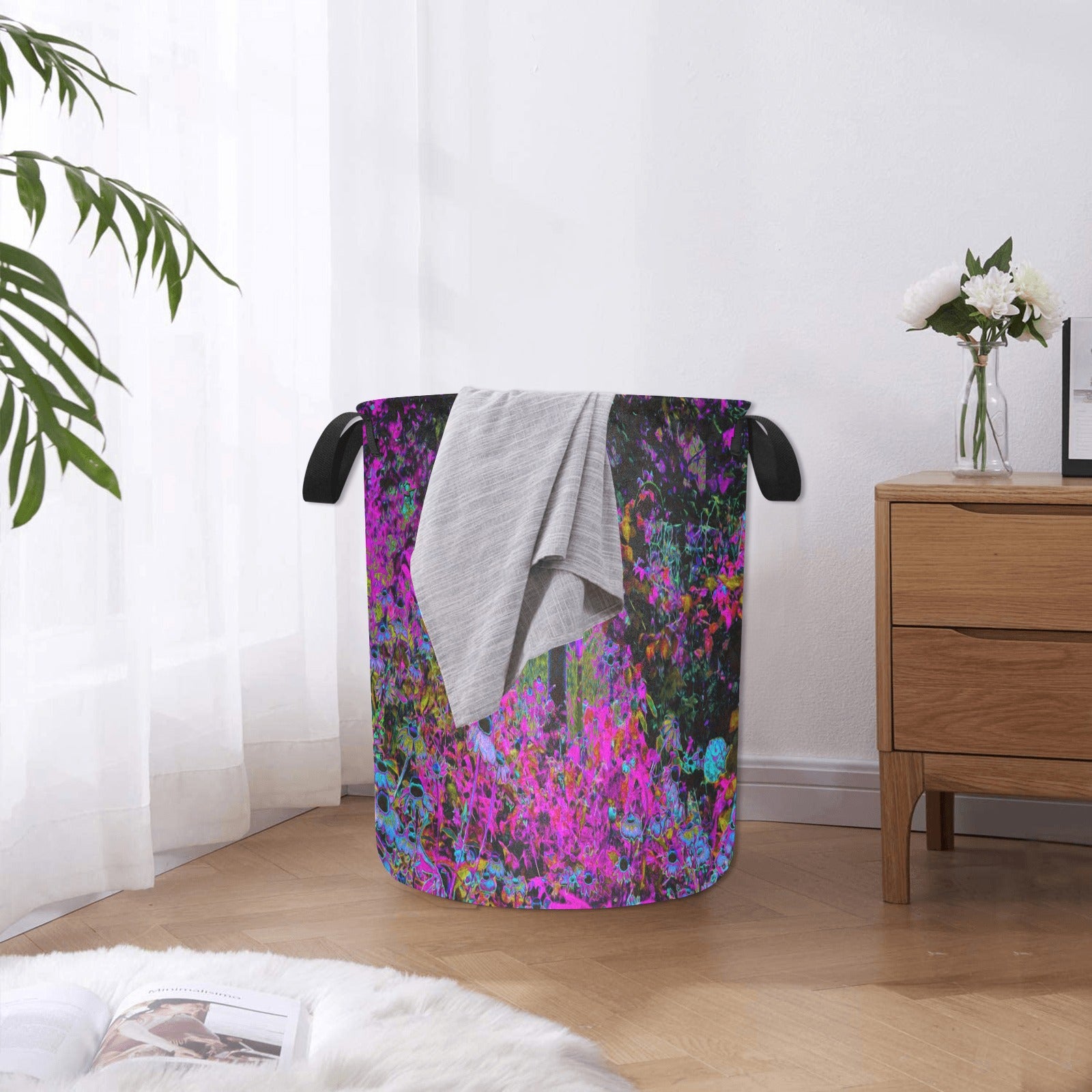 Fabric Laundry Basket with Handles, Psychedelic Hot Pink and Black Garden Sunrise