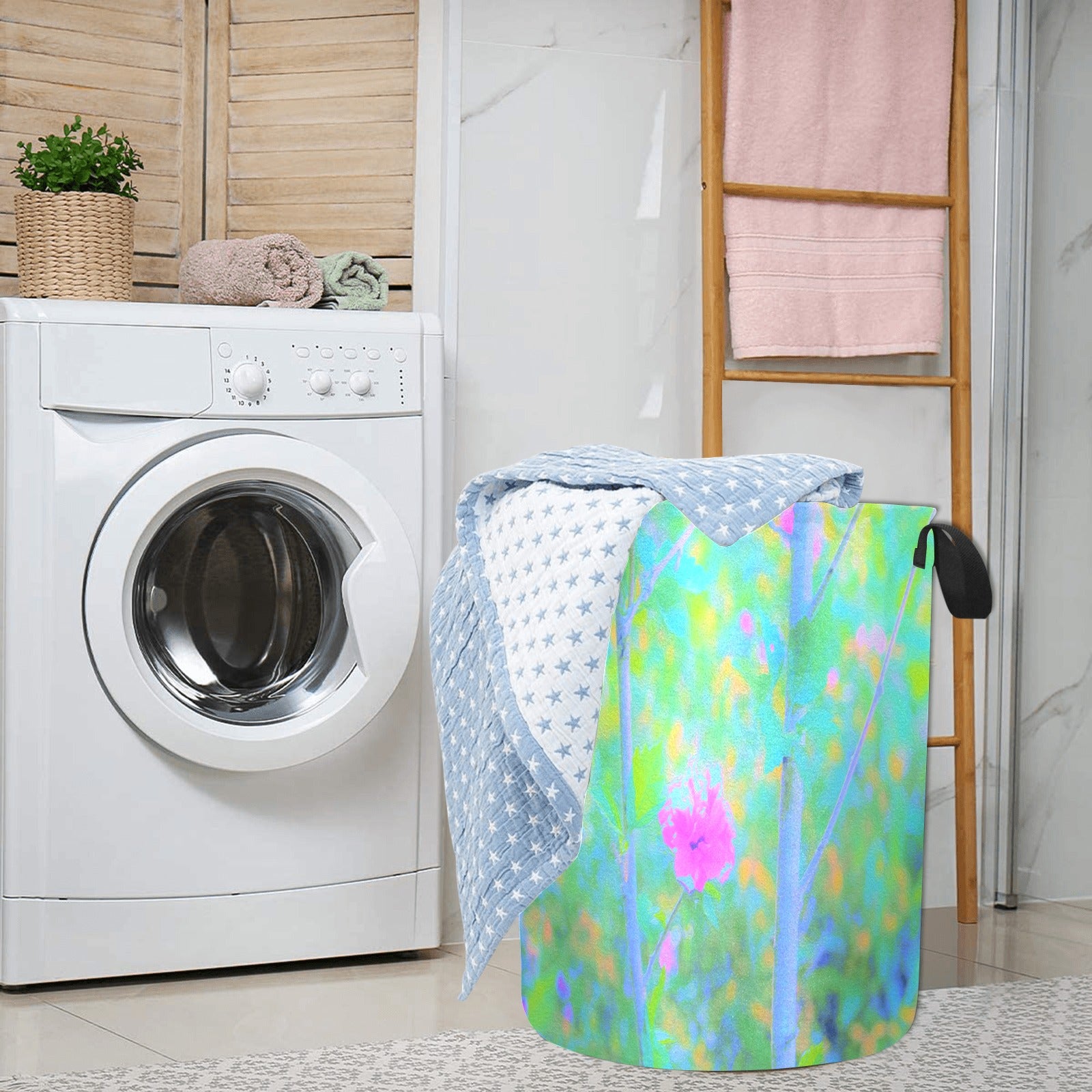 Fabric Laundry Basket with Handles, Pink Rose of Sharon Impressionistic Garden