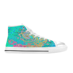 High Top Sneakers for Women, Groovy Abstract Retro Rainbow Liquid Swirl - White