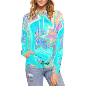 Hoodies for Women, Retro Aqua Blue Liquid Art on Abstract Hydrangeas