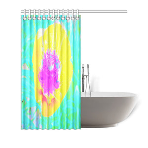 Colorful Floral Shower Curtains, Yellow Poppy with Hot Pink Center on Turquoise