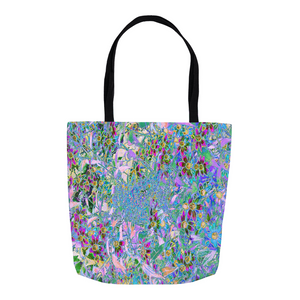 Floral Tote Bags, Retro Purple, Green and Blue Wildflowers on Pink