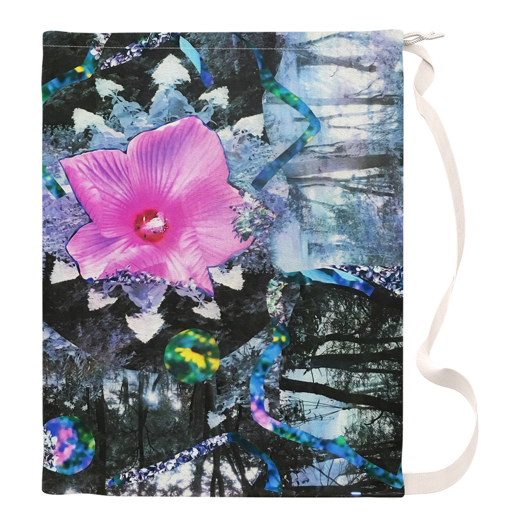 Laundry Bags, Pink Hibiscus Black and White Landscape Collage - Large