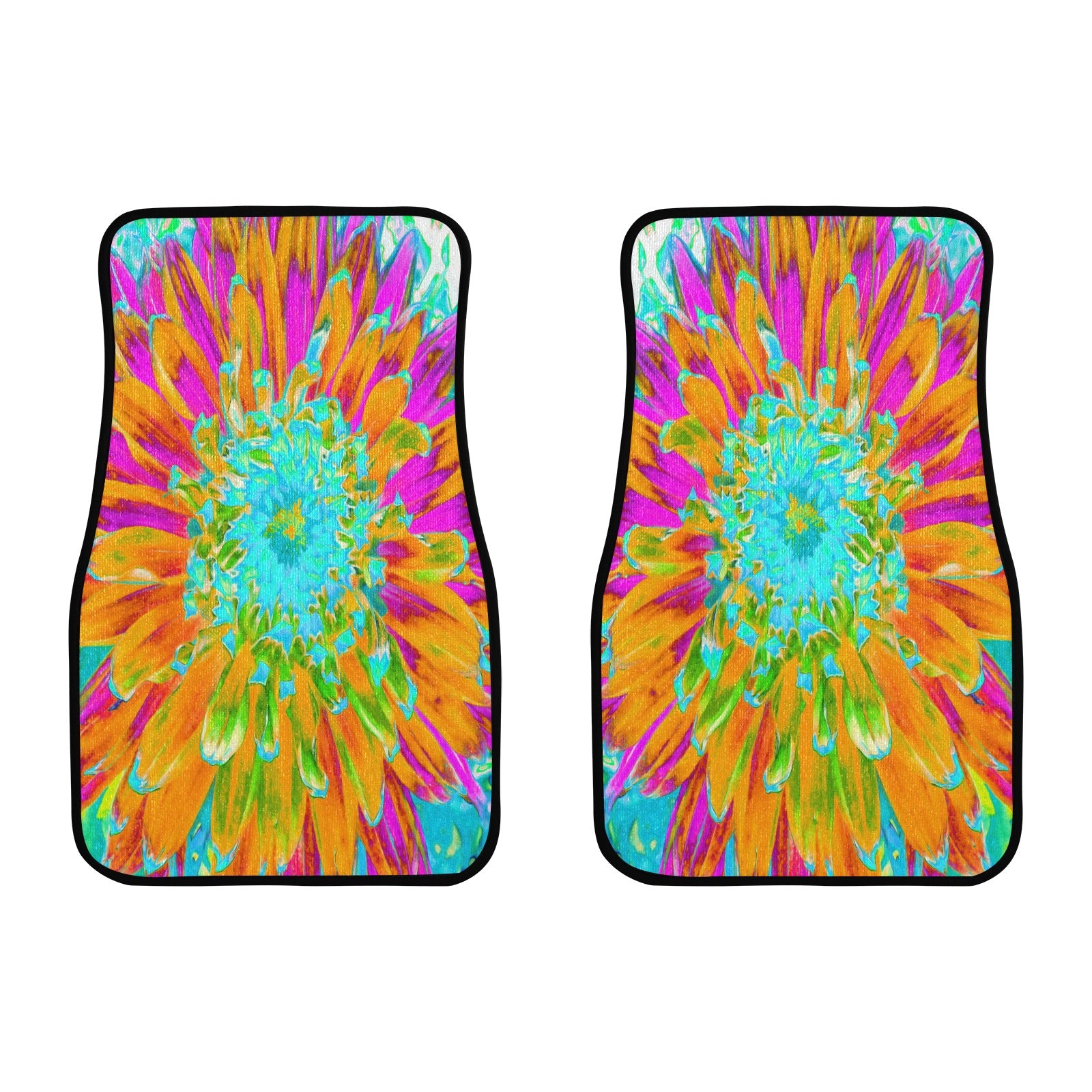 Car Floor Mats, Tropical Orange and Hot Pink Decorative Dahlia - Front Set of Two