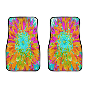 Car Floor Mats, Tropical Orange and Hot Pink Decorative Dahlia - Front Set of Two