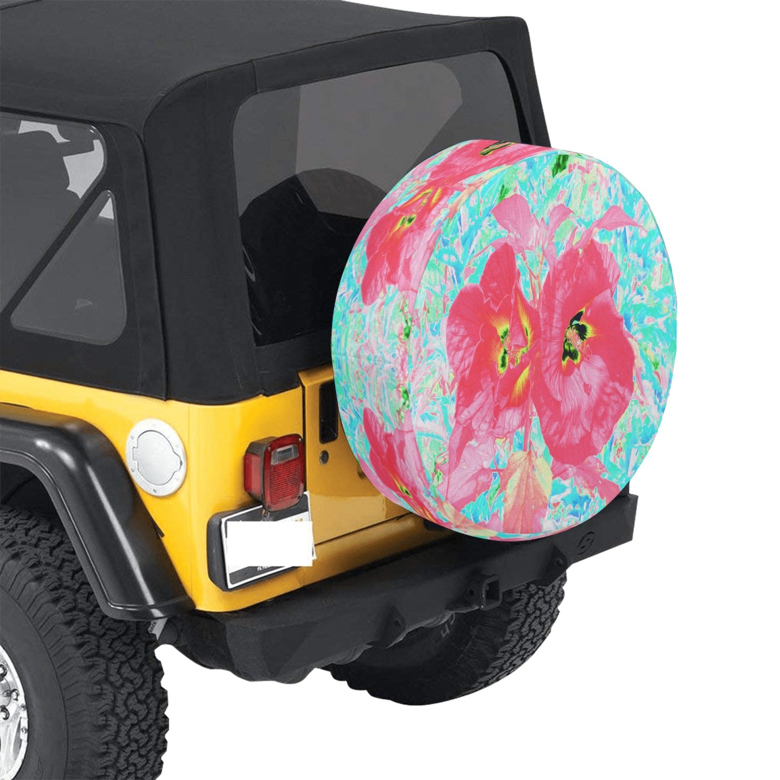 Spare Tire Covers, Two Rosy Red Coral Plum Crazy Hibiscus on Aqua - Small