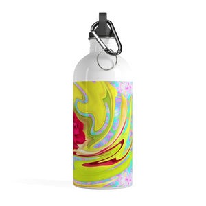Stainless Steel Water Bottle, Painted Red Rose on Yellow and Blue Abstract