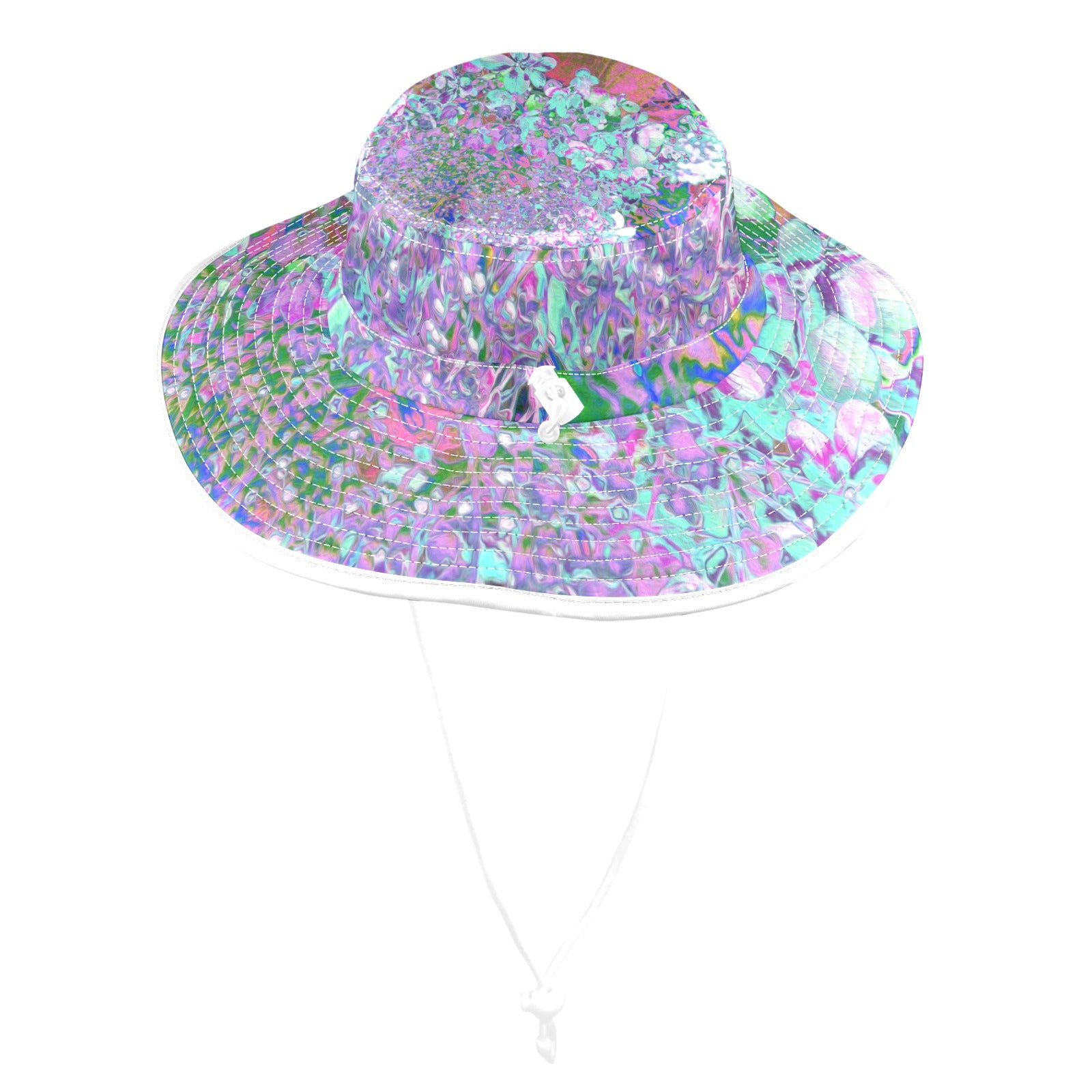 Wide Brim Sun Hat - Elegant Aqua and Purple Limelight Hydrangea Detail