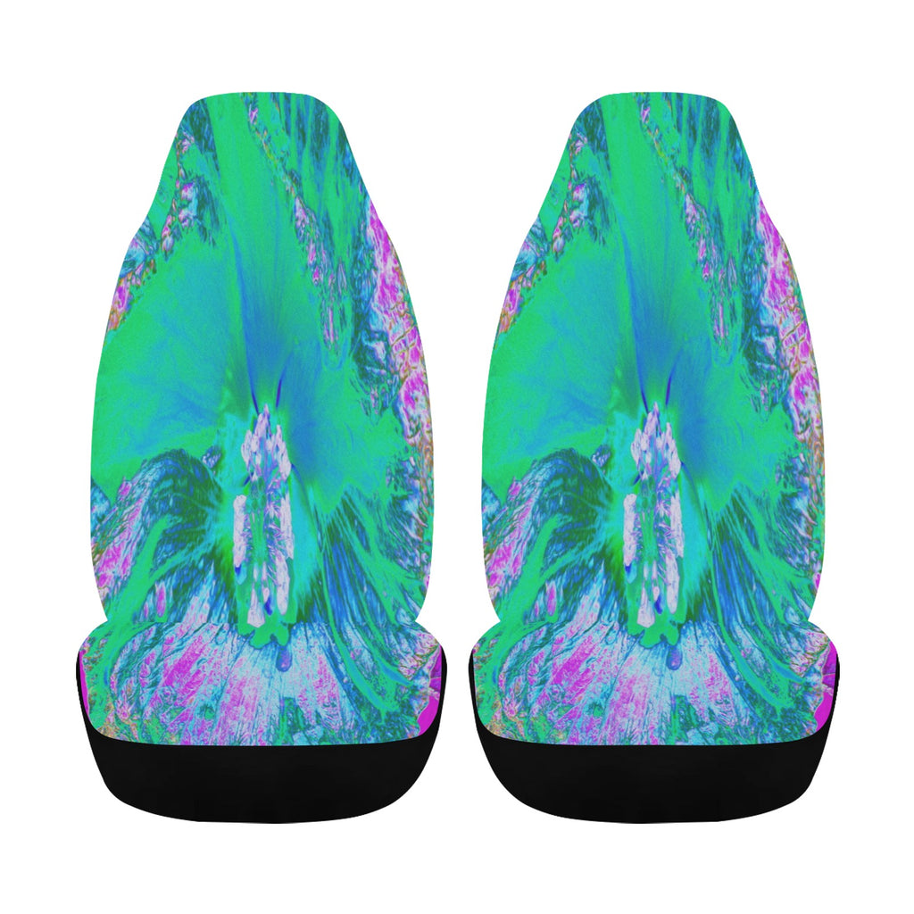 Colorful Floral Car Seat Covers, Psychedelic Retro Green and Hot Pink Hibiscus Flower