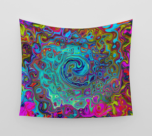 Artsy Wall Tapestry, Trippy Sky Blue Abstract Retro Liquid Swirl