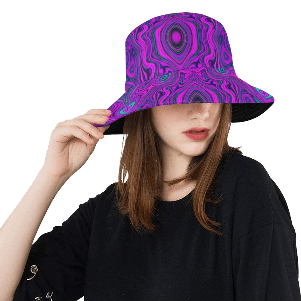 Bucket Hats, Trippy Retro Magenta and Black Abstract Pattern