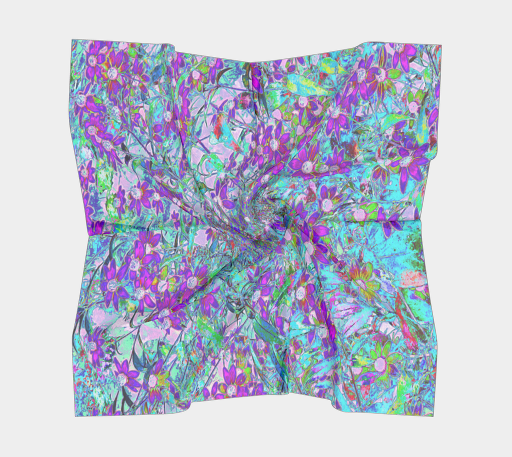 Square Scarves for Women, Aqua Garden with Violet Blue and Hot Pink Flowers