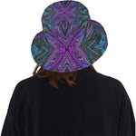 Bucket Hats, Trippy Magenta, Blue and Green Abstract Butterfly
