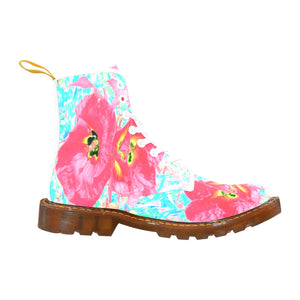 Boots for Women, Two Rosy Red Coral Plum Crazy Hibiscus on Aqua - White