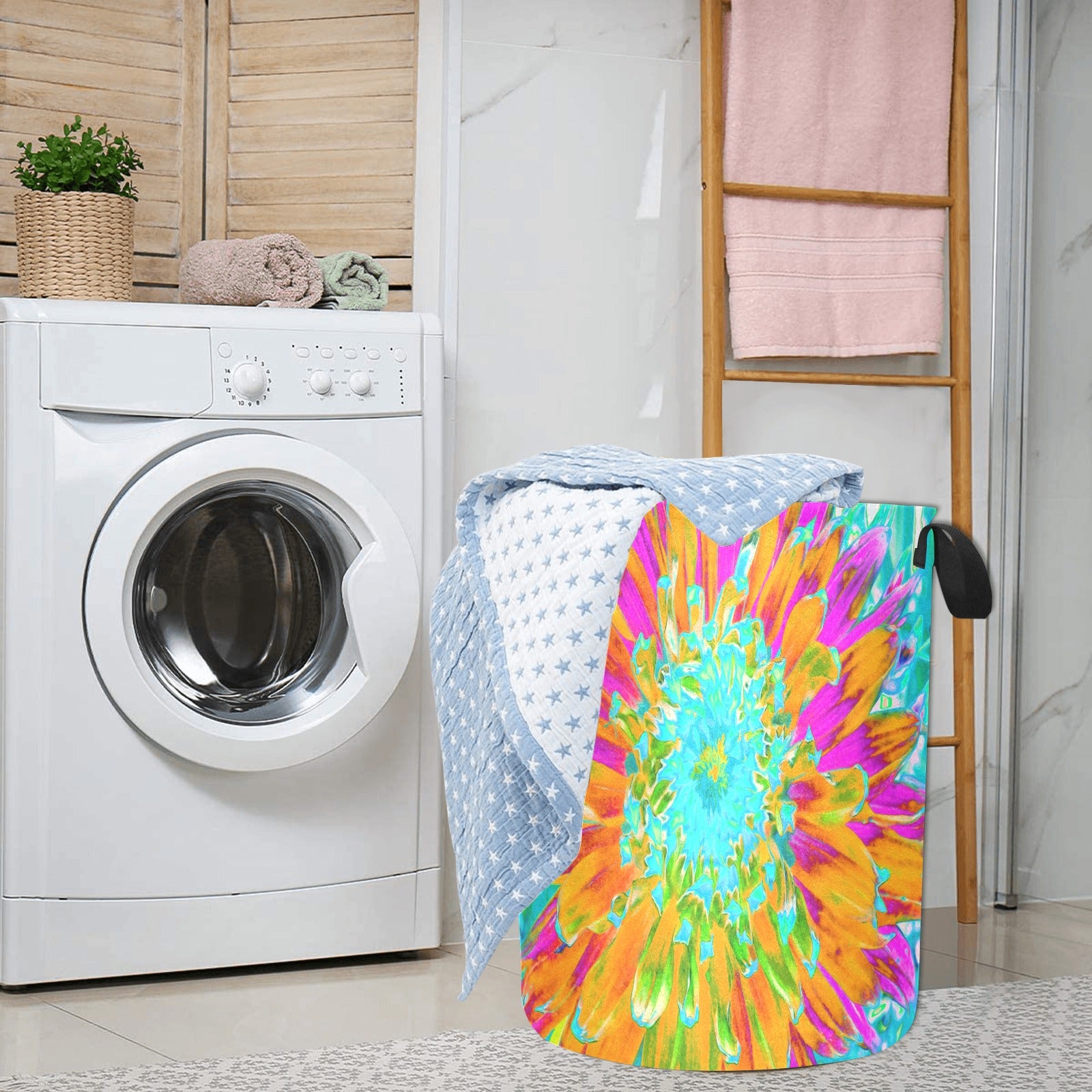 Fabric Laundry Basket with Handles, Tropical Orange and Hot Pink Decorative Dahlia